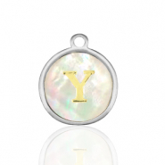 Stainless steel charms 12mm shell initial Y White (natural colour)-Silver