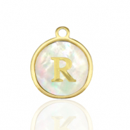 Stainless steel charms 12mm shell initial R White (natural colour)-Gold