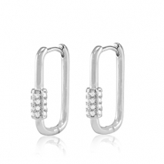 Brass TQ metal earrings creole cubic zirconia oval Silver