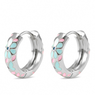 Brass TQ metal creole with enamel flower Silver-Blue Pink