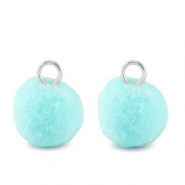 Pompom charms with loop 10mm Silver-Aquamarine Blue