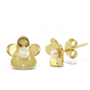 Stainless steel earrings / earpins pearls flower with loop Gold