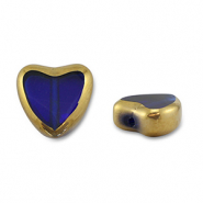 Glass beads heart Blue Transparent-Gold