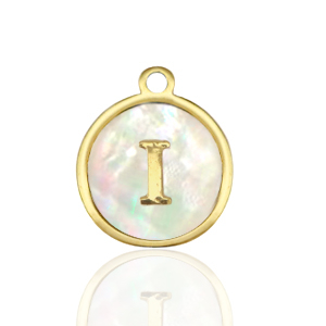 Stainless steel charms 12mm shell initial I White (natural colour)-Gold