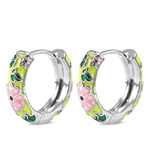 Brass TQ metal creole with enamel flower Silver-Pink Yellow