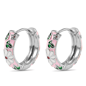 Brass TQ metal creole with enamel flower Silver-Pink White