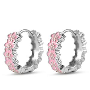 Brass TQ metal creole with enamel flower Silver-Pink