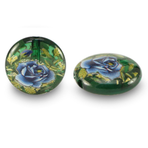 Glass beads 14mm flower Green Transparent-Blue