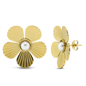Stainless steel earrings / earpins flower with imitation pearls Gold
