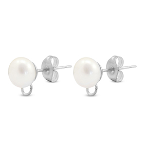 Stainless steel findings earrings / earpin imitation pearl with loop 8mm Silver